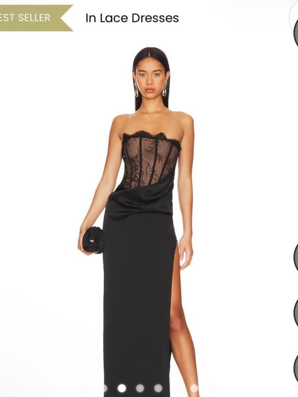 NBD Black Strapless Lace Corset Satin Gown with High Slit